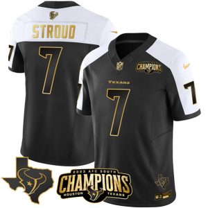 Men Houston Texans #7 C.J. Stroud Black/White Golden 2023 F.U.S.E. With AFC South Champions Patch And Team Logo Patch Limited Football Stitched Jersey