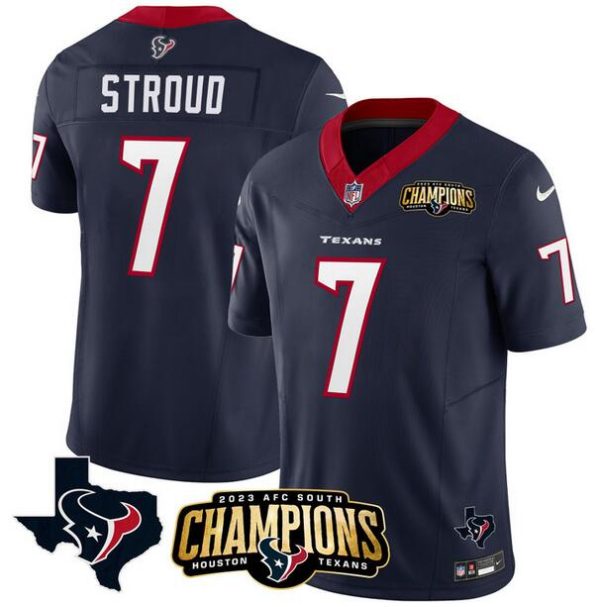 Men Houston Texans #7 C.J. Stroud Navy 2023 F.U.S.E. AFC South Champions Patch And Team Logo Patch Vapor Untouchable Limited Football Stitched Jersey