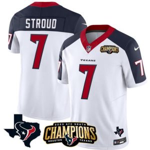 Men Houston Texans #7 C.J. Stroud White/Navy 2023 F.U.S.E. AFC South Champions Patch And Team Logo Patch Vapor Untouchable Limited Stitched Jersey