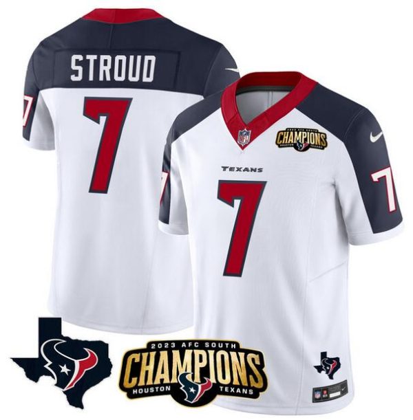 Men Houston Texans #7 C.J. Stroud White/Navy 2023 F.U.S.E. AFC South Champions Patch And Team Logo Patch Vapor Untouchable Limited Stitched Jersey