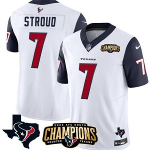 Men Houston Texans #7 C.J. Stroud White/Navy 2023 F.U.S.E. AFC South Champions Patch And Team Logo Patch Vapor Untouchable Limited Stitched Jersey