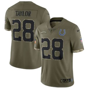 Men Indianapolis Colts #28 Jonathan Taylor 2022 Olive Salute To Service Limited Stitched Jersey