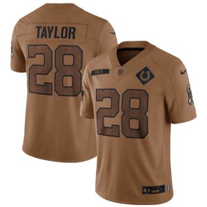 Men Indianapolis Colts #28 Jonathan Taylor 2023 Brown Salute To Sertvice Limited Football Stitched Jersey