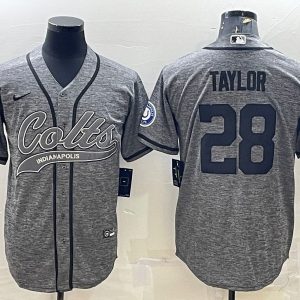 Men Indianapolis Colts #28 Jonathan Taylor Gray With Patch Cool Base Stitched Baseball Jersey