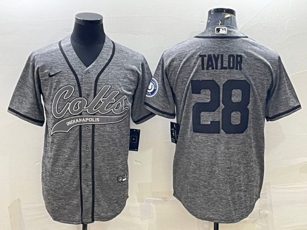 Men Indianapolis Colts #28 Jonathan Taylor Gray With Patch Cool Base Stitched Baseball Jersey