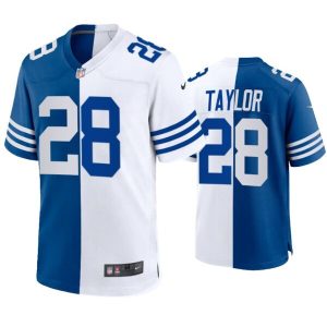 Men Indianapolis Colts #28 Taylor Royal Blue White Split Limited Stitched Jersey