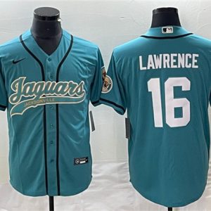 Men Jacksonville Jaguars #16 Trevor Lawrence Teal With Patch Cool Base Stitched Baseball Jersey