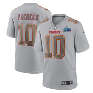 Men Kansas City Chiefs #10 Isiah Pacheco Gray Super Bowl LVII Patch Atmosphere Fashion Stitched Game Jersey