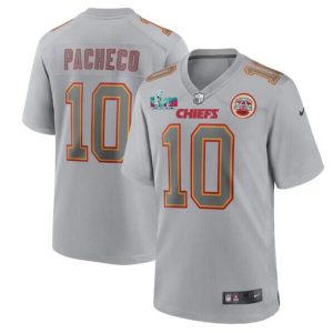 Men Kansas City Chiefs #10 Isiah Pacheco Gray With Left A Patch Right Super Bowl LVII Patch Atmosphere Fashion Stitched Game Jersey