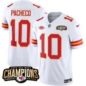 Men Kansas City Chiefs #10 Isiah Pacheco White 2023 F.U.S.E. AFC West Champions With "NKH" Patch Vapor Untouchable Limited Football Stitched Jersey