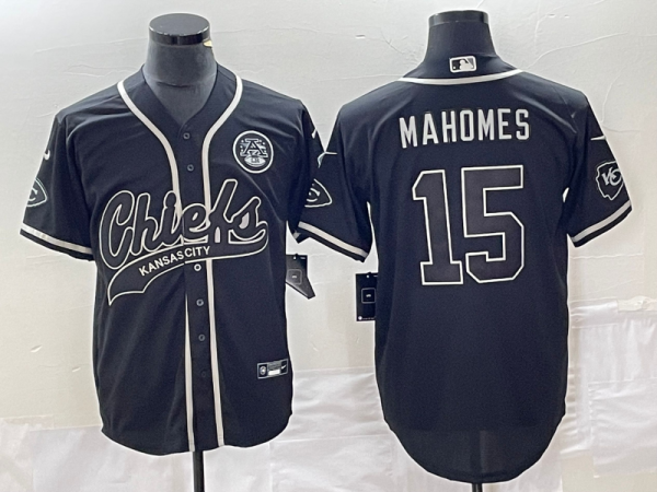 Men Kansas City Chiefs #15 Patrick Mahomes Black Cool Bae Stitched Baseball Jersey