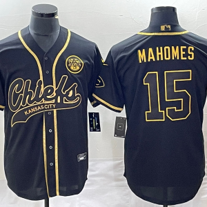 Men Kansas City Chiefs #15 Patrick Mahomes Black Gold Cool Bae Stitched Baseball Jersey