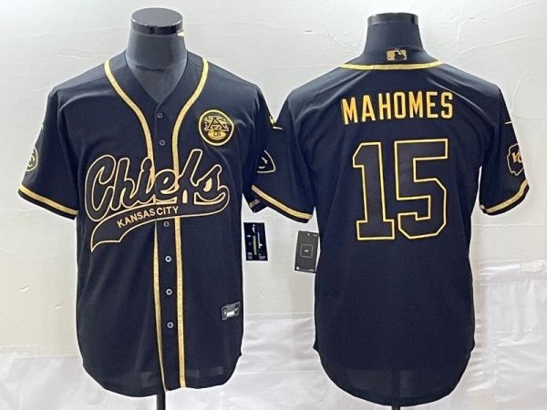 Men Kansas City Chiefs #15 Patrick Mahomes Black Gold Cool Bae Stitched Baseball Jersey