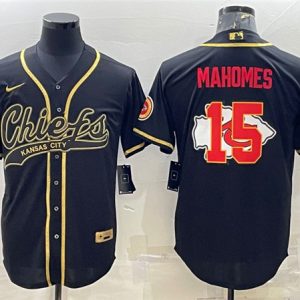 Men Kansas City Chiefs #15 Patrick Mahomes Black Gold Team Big Logo With Patch Cool Base Stitched Baseball Jersey