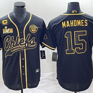 Men Kansas City Chiefs #15 Patrick Mahomes Black Gold With 4-star C Patch And Super Bowl LVII Patch Cool Bae Stitched Baseball Jersey