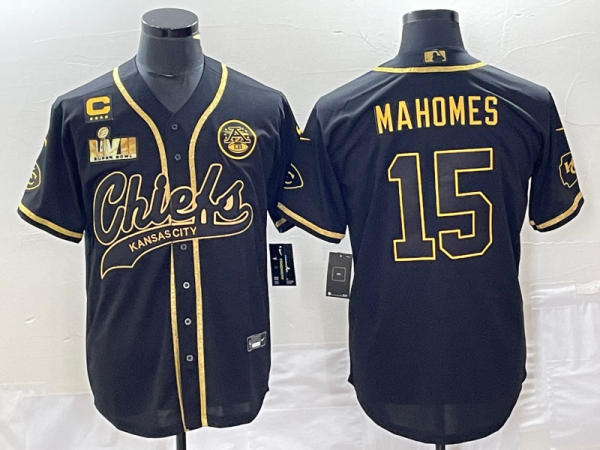 Men Kansas City Chiefs #15 Patrick Mahomes Black Gold With 4-star C Patch And Super Bowl LVII Patch Cool Bae Stitched Baseball Jersey