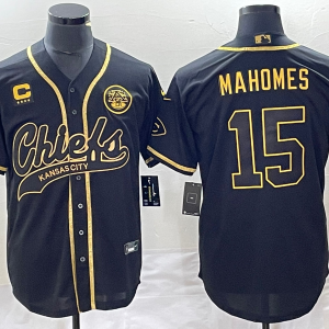 Men Kansas City Chiefs #15 Patrick Mahomes Black Gold With 4-star C Patch Cool Bae Stitched Baseball Jersey