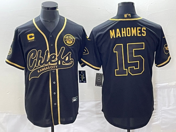 Men Kansas City Chiefs #15 Patrick Mahomes Black Gold With 4-star C Patch Cool Bae Stitched Baseball Jersey