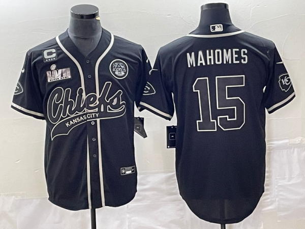 Men Kansas City Chiefs #15 Patrick Mahomes Black Gold With 4-star C Patch Cool Bae Stitched Baseball Jersey