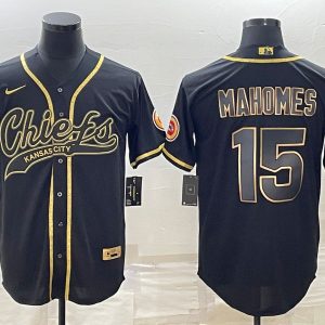 Men Kansas City Chiefs #15 Patrick Mahomes Black Gold With Patch Cool Base Stitched Baseball Jersey