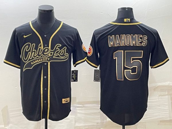 Men Kansas City Chiefs #15 Patrick Mahomes Black Gold With Patch Cool Base Stitched Baseball Jersey