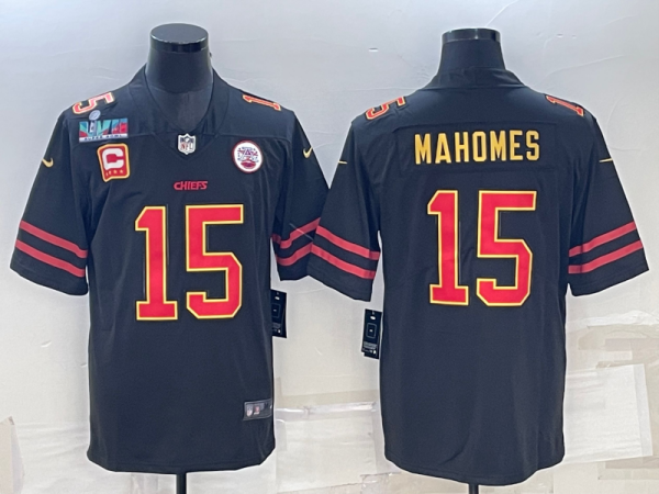 Men Kansas City Chiefs #15 Patrick Mahomes Black Red Gold Super Bowl LVII Patch And 4-star C Patch Vapor Untouchable Limited Stitched Jersey