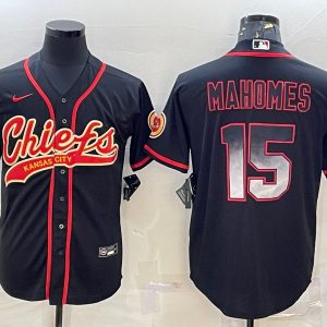 Men Kansas City Chiefs #15 Patrick Mahomes Black Red With Patch Cool Base Stitched Baseball Jersey