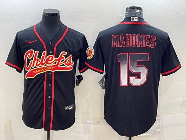 Men Kansas City Chiefs #15 Patrick Mahomes Black Red With Patch Cool Base Stitched Baseball Jersey