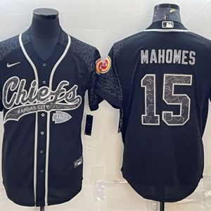 Men Kansas City Chiefs #15 Patrick Mahomes Black Reflective With Patch Cool Base Stitched Baseball Jersey