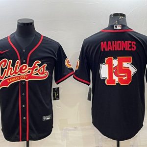 Men Kansas City Chiefs #15 Patrick Mahomes Black Team Big Logo With Patch Cool Base Stitched Baseball Jersey