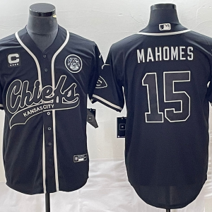 Men Kansas City Chiefs #15 Patrick Mahomes Black With 4-star C Patch Cool Bae Stitched Baseball Jersey