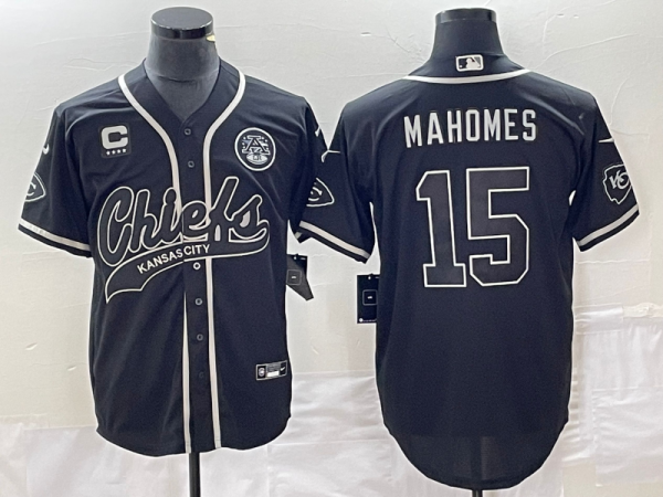 Men Kansas City Chiefs #15 Patrick Mahomes Black With 4-star C Patch Cool Bae Stitched Baseball Jersey