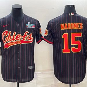 Men Kansas City Chiefs #15 Patrick Mahomes Black With Super Bowl LVII Patch Cool Base Stitched Baseball Jersey