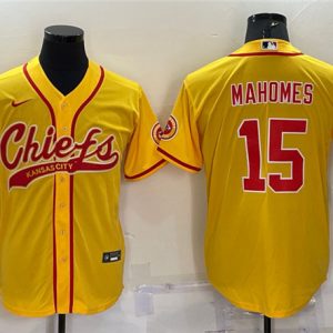 Men Kansas City Chiefs #15 Patrick Mahomes Gold With Patch Cool Base Stitched Baseball Baseball Jersey