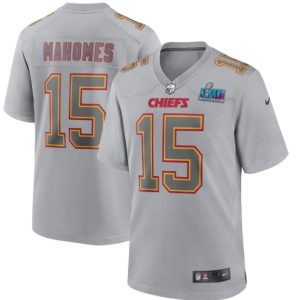 Men Kansas City Chiefs #15 Patrick Mahomes Gray Super Bowl LVII Patch Atmosphere Fashion Stitched Game Jersey