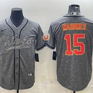 Men Kansas City Chiefs #15 Patrick Mahomes Gray With Patch Cool Base Stitched Baseball Jersey