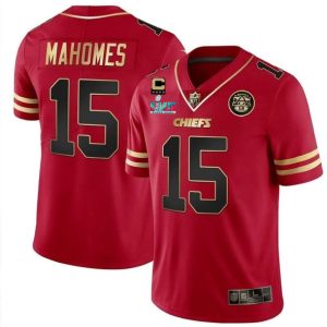 Men Kansas City Chiefs #15 Patrick Mahomes Red Gold Super Bowl LVII Patch And 4-star C Patch Vapor Untouchable Limited Stitched Jersey