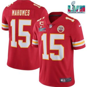 Men Kansas City Chiefs #15 Patrick Mahomes Red Super Bowl LVII Patch And 4-star C Patch Vapor Untouchable Limited Stitched Jersey