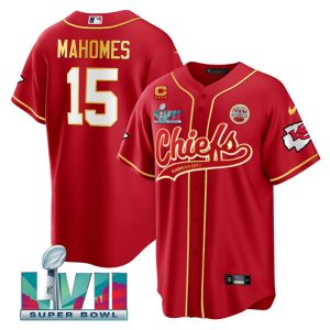 Men Kansas City Chiefs #15 Patrick Mahomes Red With 4-star C Patch And Super Bowl LVII Patch Cool Bae Stitched Jersey