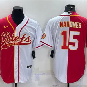 Men Kansas City Chiefs #15 Patrick Mahomes Red/White Split With Patch Cool Base Stitched Baseball Jersey