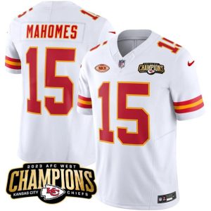 Men Kansas City Chiefs #15 Patrick Mahomes White 2023 F.U.S.E. AFC West Champions With "NKH" Patch Vapor Untouchable Limited Football Stitched Jersey