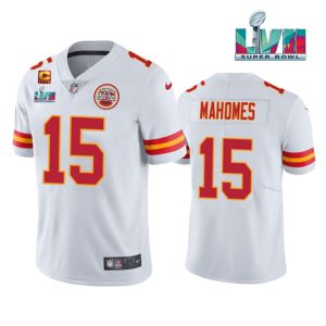 Men Kansas City Chiefs #15 Patrick Mahomes White Super Bowl LVII Patch And 4-star C Patch Vapor Untouchable Limited Stitched Jersey