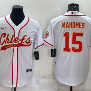 Men Kansas City Chiefs #15 Patrick Mahomes White With Patch Cool Base Stitched Baseball Jersey