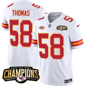 Men Kansas City Chiefs #58 Derrick Thomas White 2023 F.U.S.E. AFC West Champions With "NKH" Patch Vapor Untouchable Limited Football Stitched Jersey