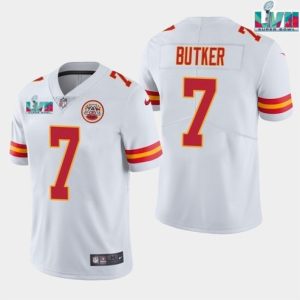 Men Kansas City Chiefs #7 Harrison Butker White Super Bowl LVII Patch Vapor Untouchable Limited Stitched Jersey