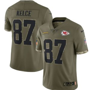 Men Kansas City Chiefs #87 Travis Kelce 2022 Olive Salute To Service Limited Stitched Jersey