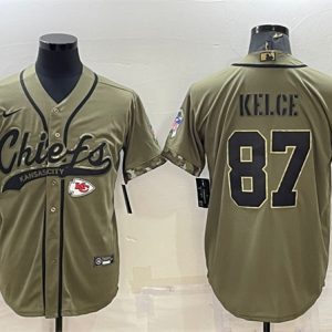 Men Kansas City Chiefs #87 Travis Kelce 2022 Olive Salute to Service Cool Base Stitched Baseball Jersey