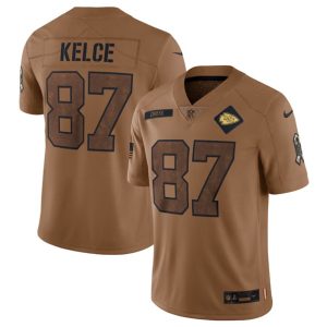 Men Kansas City Chiefs #87 Travis Kelce 2023 Brown Salute To Service Limited Football Stitched Jersey