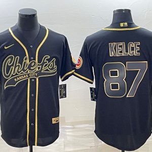 Men Kansas City Chiefs #87 Travis Kelce Black Gold With Patch Cool Base Stitched Baseball Jersey