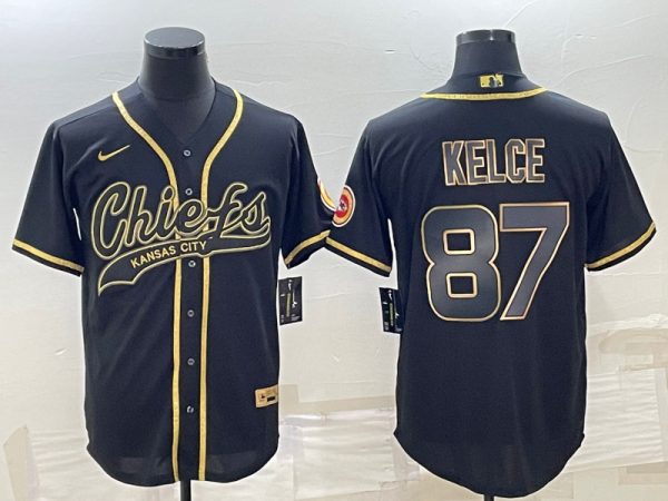 Men Kansas City Chiefs #87 Travis Kelce Black Gold With Patch Cool Base Stitched Baseball Jersey